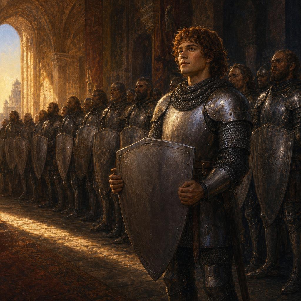 Young knights kneeling at the altar receiving their silver shields, golden light from above