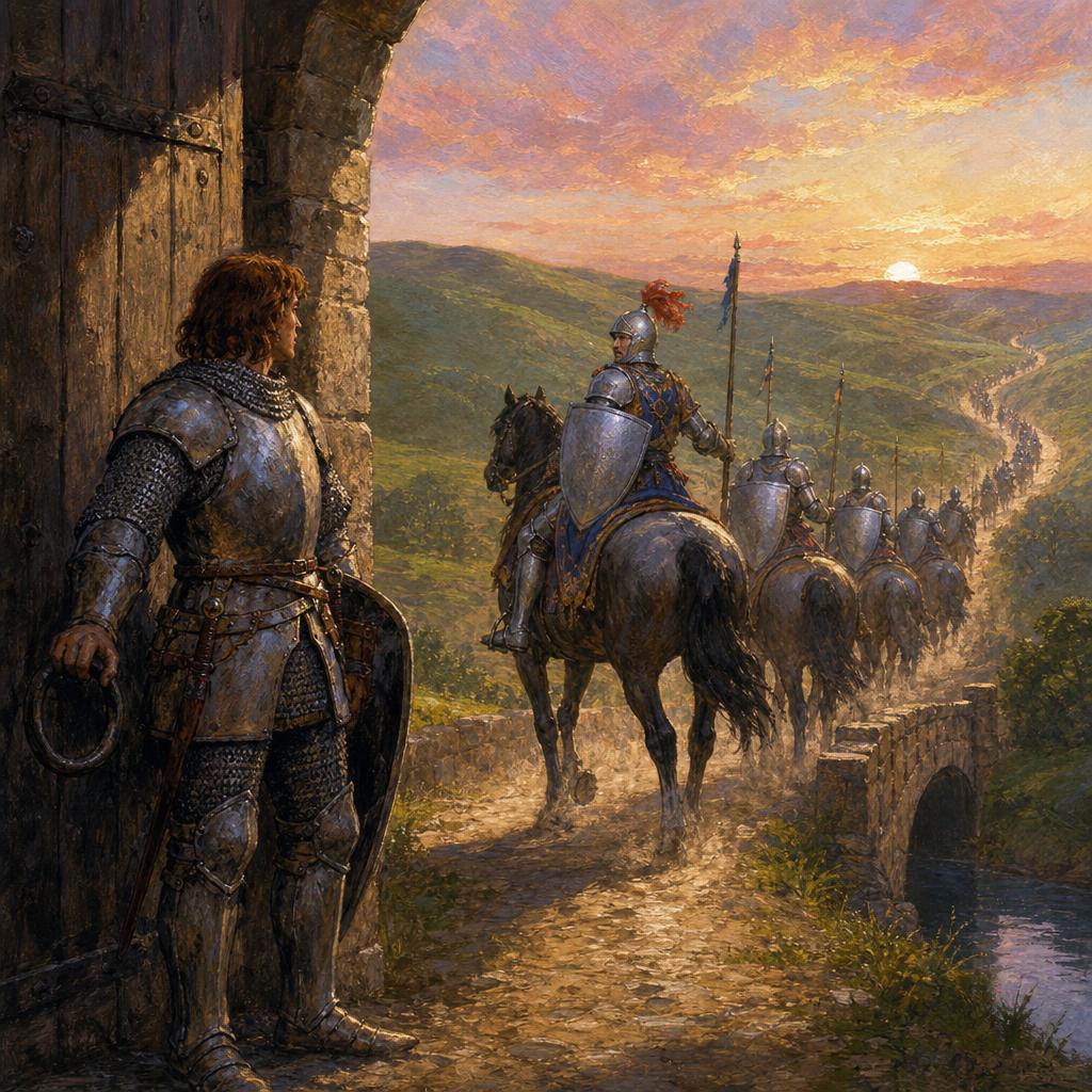 Knights riding out at dawn to face the dark knights, Roland left to guard the gate
