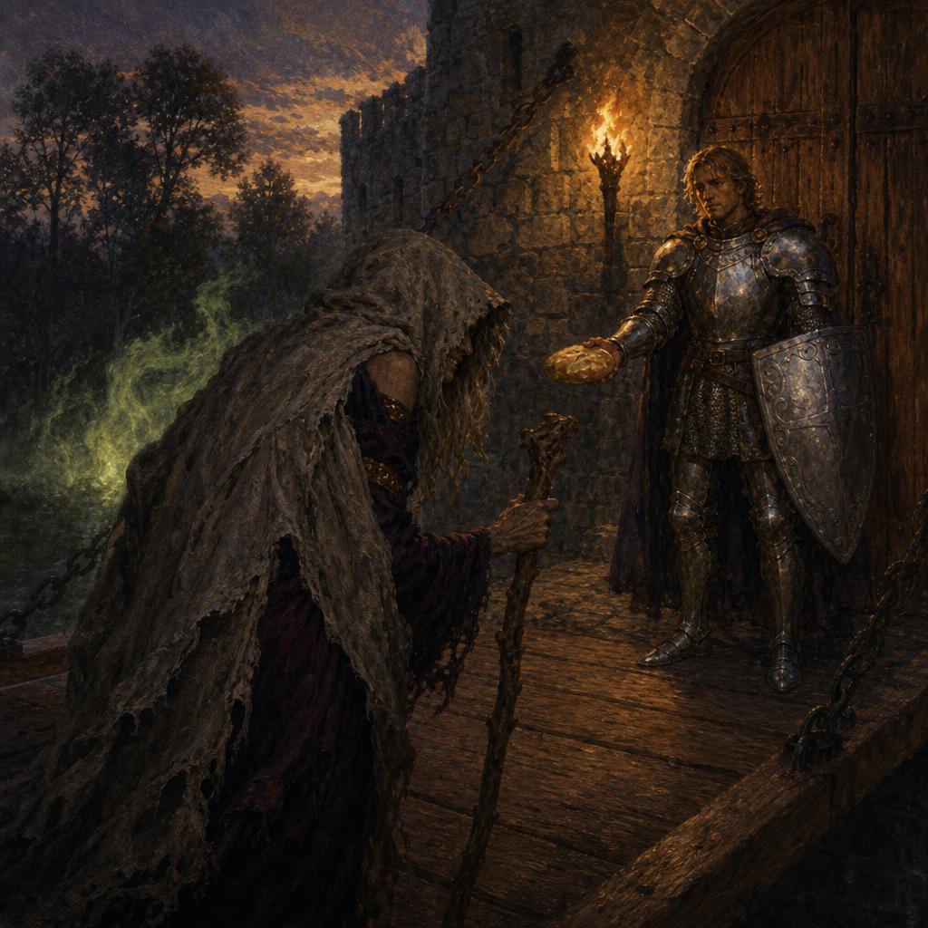 A beggar woman at the castle gate revealed as a witch, throwing off her torn cloak