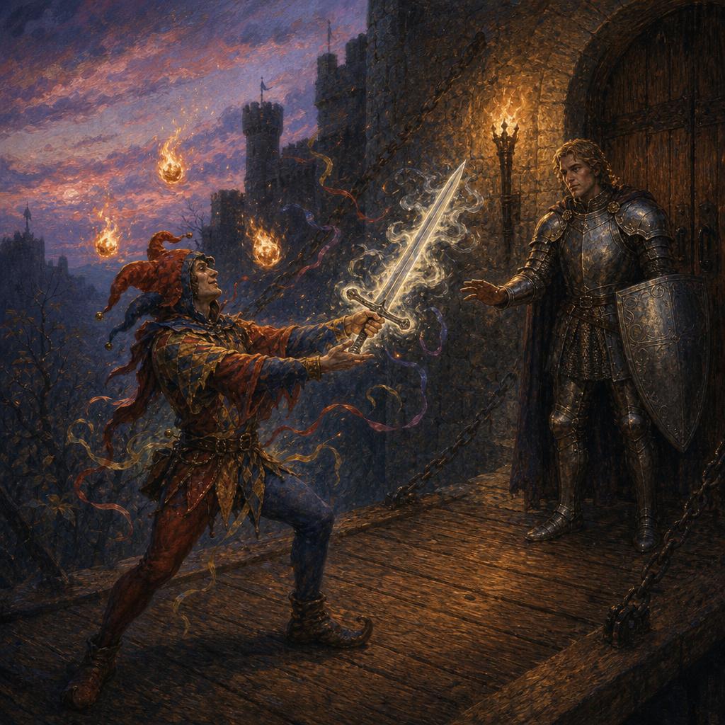 A jester at the castle gate offering a glowing magical sword that fades to wood as he transforms into a sorcerer