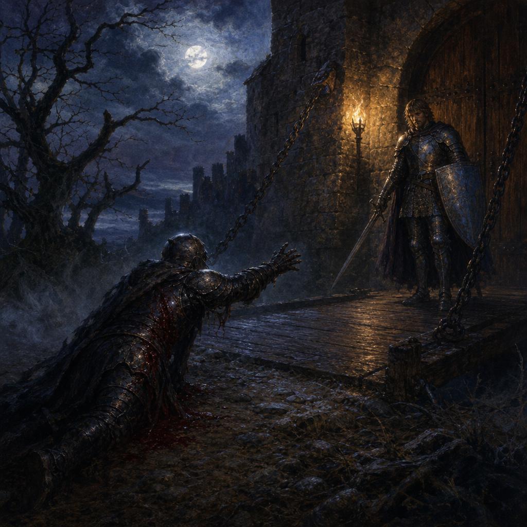 A wounded knight crawling from the forest at midnight, transforming into a black-armored dark knight