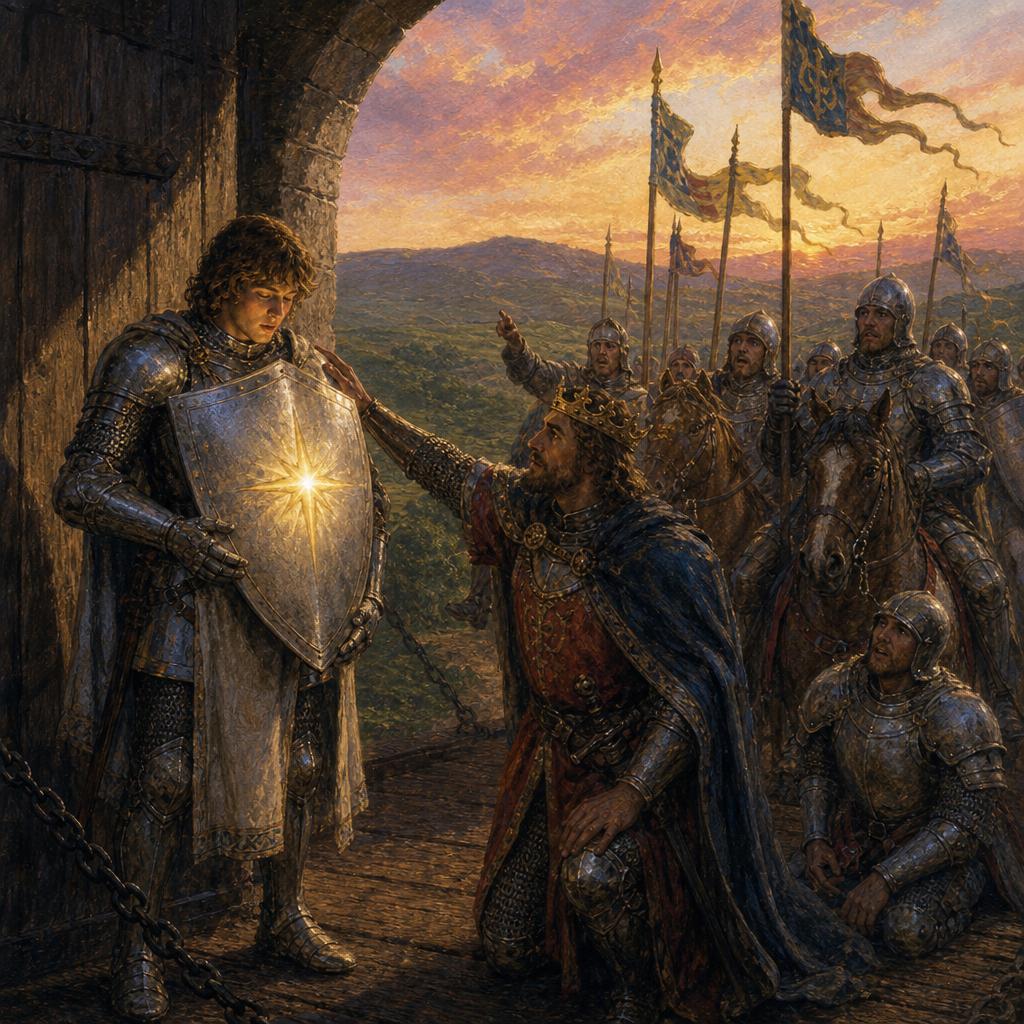 Knights returning at dawn, pointing in awe at the golden star upon Roland's silver shield