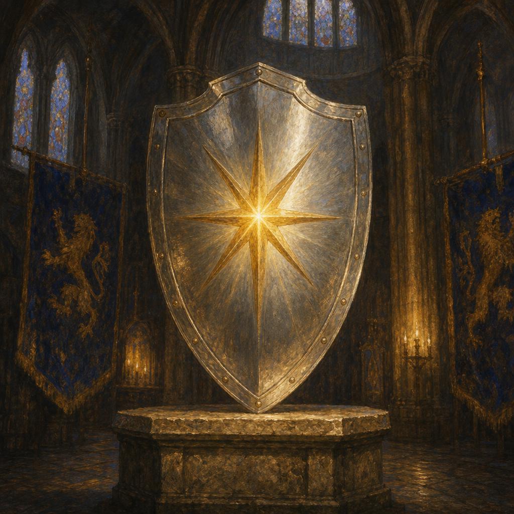 A silver shield with a radiant golden star at its center, knights kneeling around it